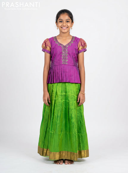 Pure silk kids Lehenga purple and parrot green with embroidery neck pattern and puff sleeve