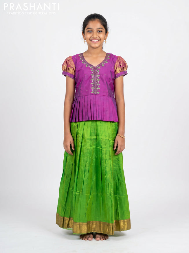 Pure silk kids Lehenga purple and parrot green with embroidery neck pattern and puff sleeve