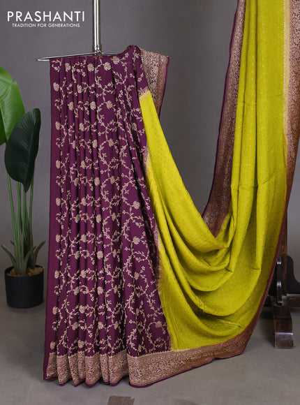 Pure Banarasi Crepe Partly Saree lime green and wine shade with allover woven buttas and woven border