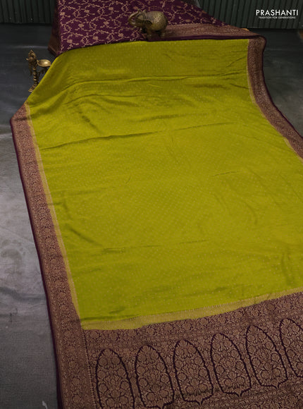 Pure Banarasi Crepe Partly Saree lime green and wine shade with allover woven buttas and woven border