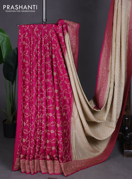 Pure Banarasi Crepe Partly Saree beige and pink with allover woven buttas and woven border