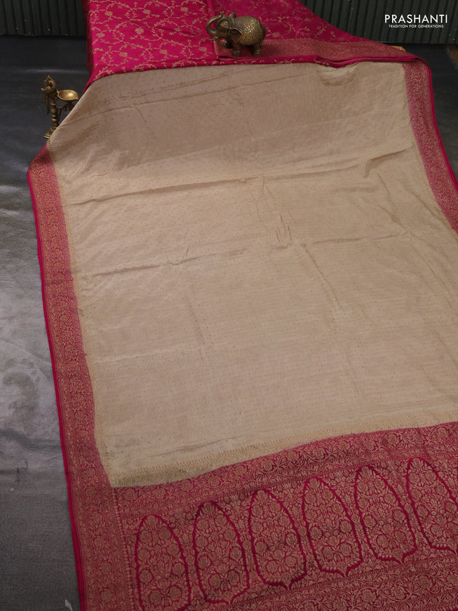 Pure Banarasi Crepe Partly Saree beige and pink with allover woven buttas and woven border