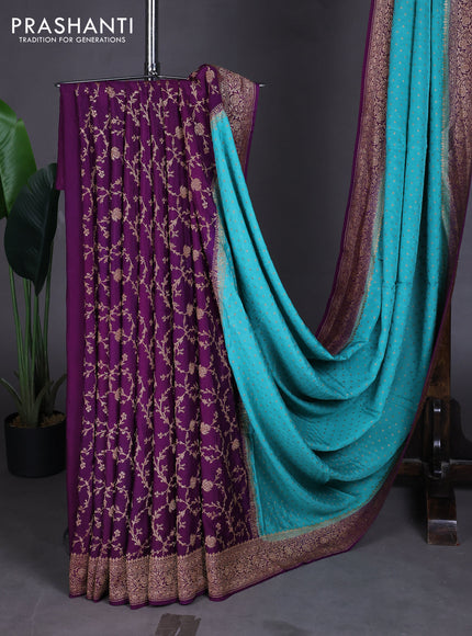 Pure Banarasi Crepe Partly Saree teal blue and purple with allover woven buttas and woven border