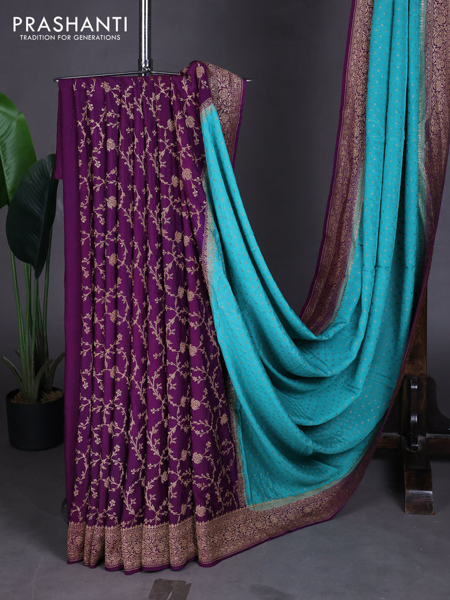Pure Banarasi Crepe Partly Saree teal blue and purple with allover woven buttas and woven border