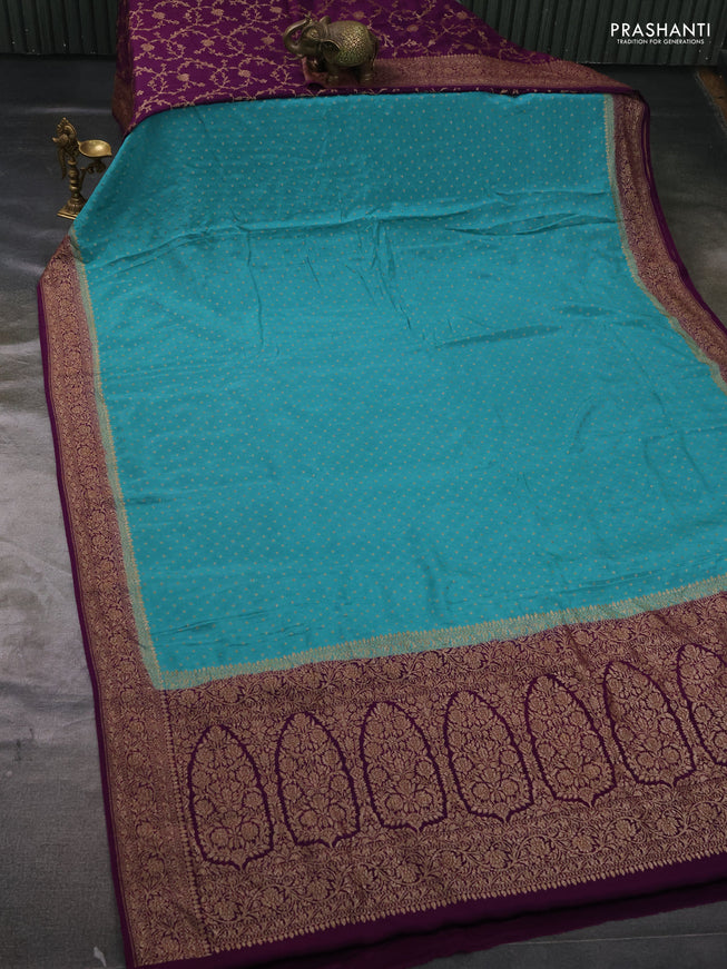 Pure Banarasi Crepe Partly Saree teal blue and purple with allover woven buttas and woven border