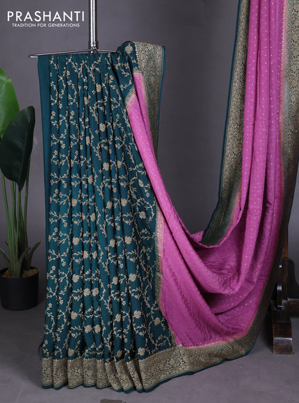 Pure Banarasi Crepe Partly Saree mauve pink and dark green with allover woven buttas and woven border