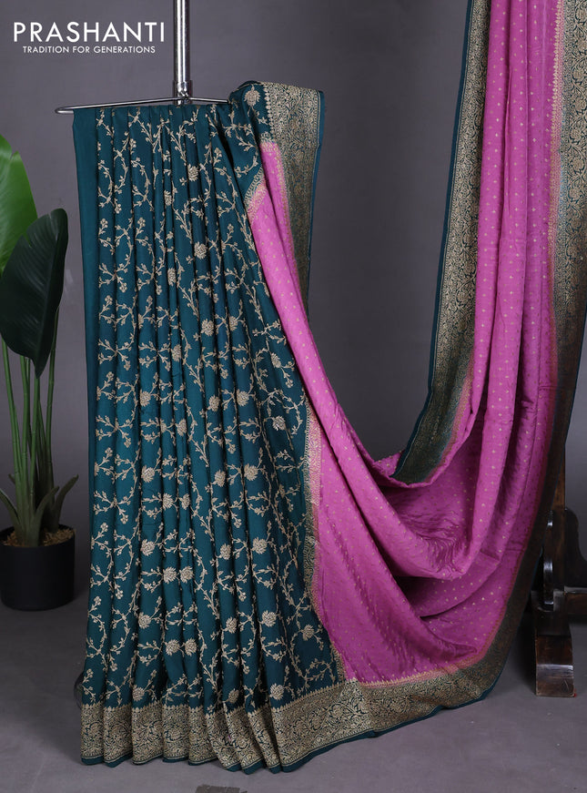 Pure Banarasi Crepe Partly Saree mauve pink and dark green with allover woven buttas and woven border