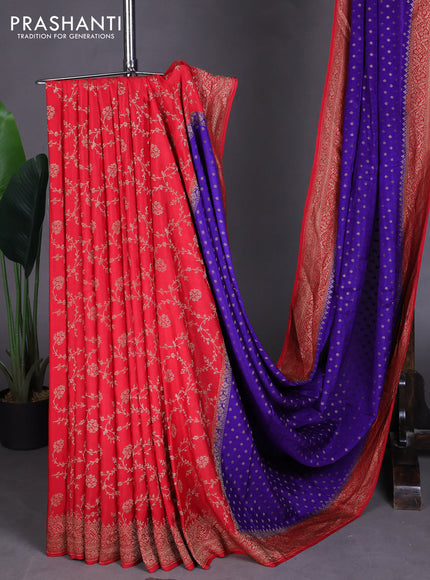 Pure Banarasi Crepe Partly Saree blue and red with allover woven buttas and woven border