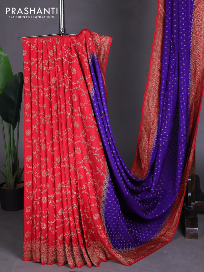 Pure Banarasi Crepe Partly Saree blue and red with allover woven buttas and woven border