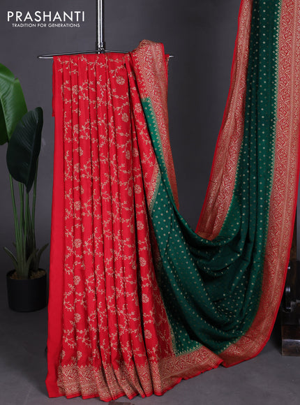 Pure Banarasi Crepe Partly Saree green and red with allover woven buttas and woven border