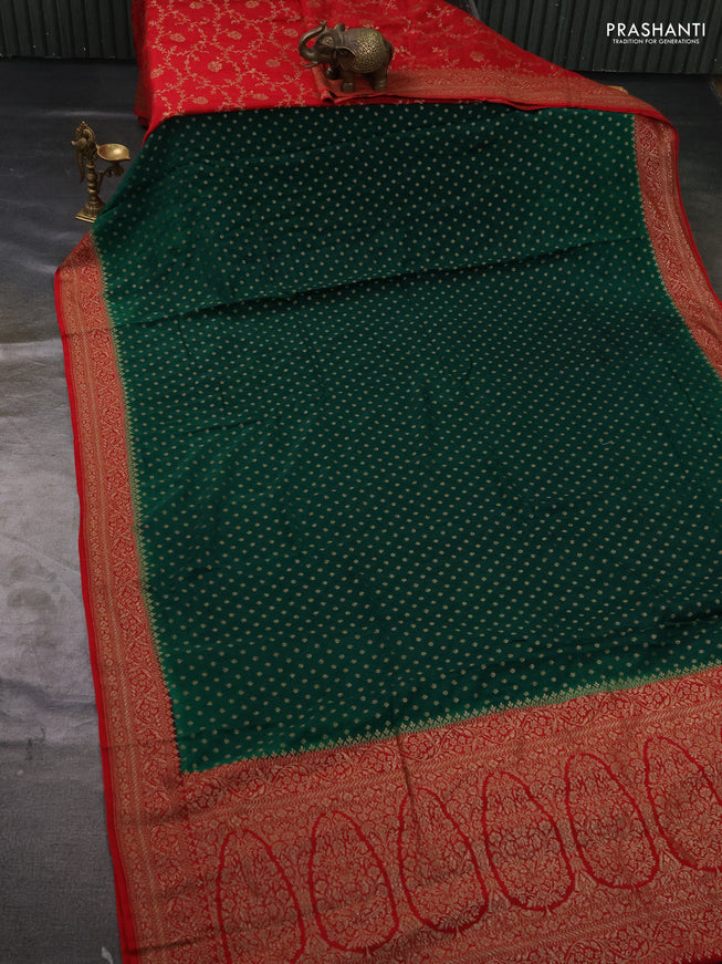 Pure Banarasi Crepe Partly Saree green and red with allover woven buttas and woven border