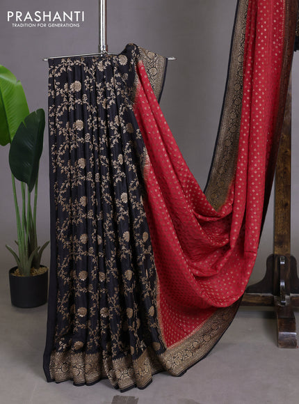 Pure Banarasi Crepe Partly Saree red and black with allover woven buttas and woven border