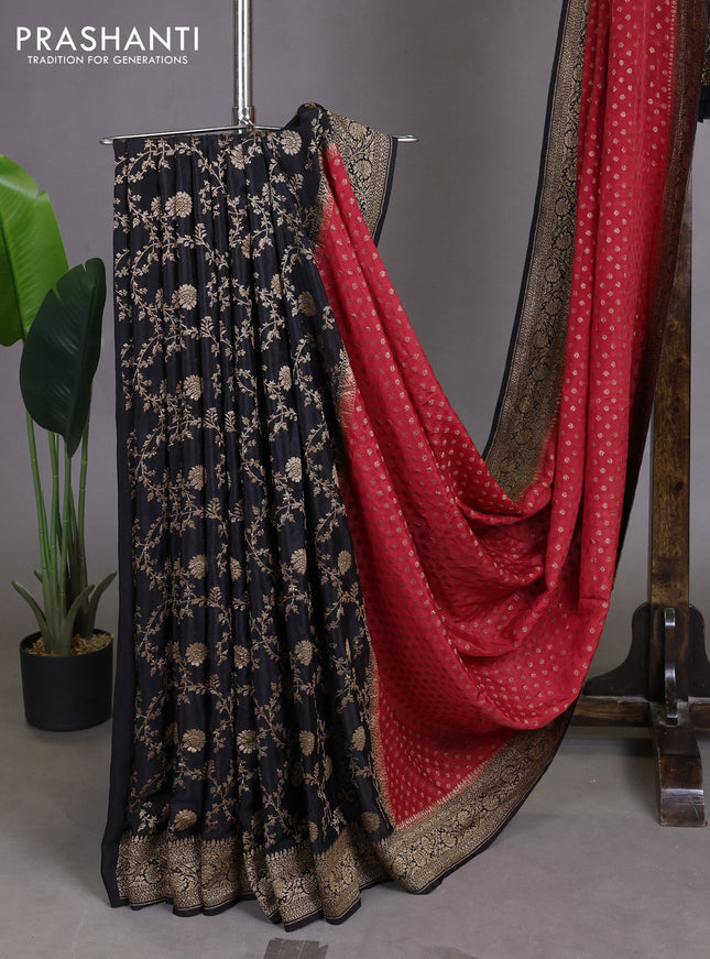 Pure Banarasi Crepe Partly Saree red and black with allover woven buttas and woven border