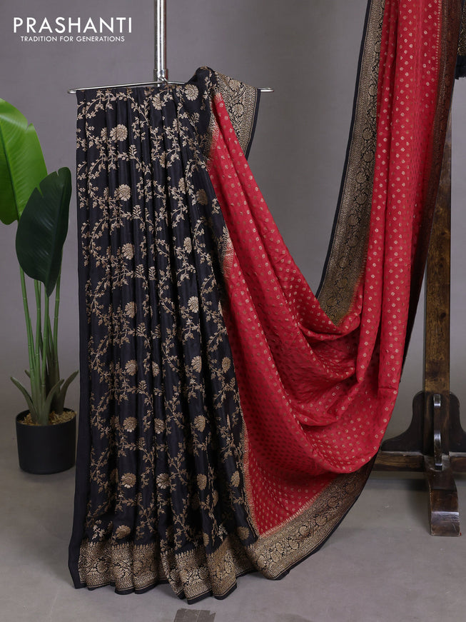 Pure Banarasi Crepe Partly Saree red and black with allover woven buttas and woven border