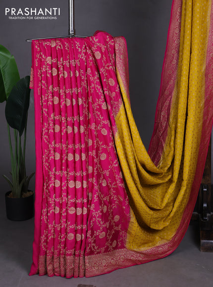 Pure Banarasi Crepe Partly Saree yellow and pink with allover woven buttas and woven border