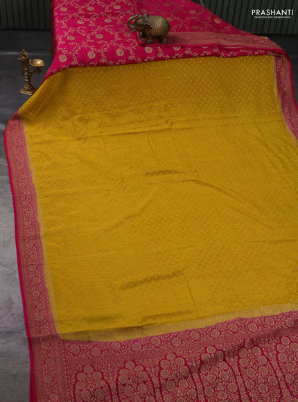 Pure Banarasi Crepe Partly Saree yellow and pink with allover woven buttas and woven border