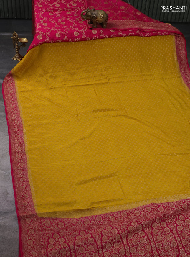 Pure Banarasi Crepe Partly Saree yellow and pink with allover woven buttas and woven border