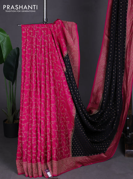 Pure Banarasi Crepe Partly Saree black and pink with allover woven buttas and woven border