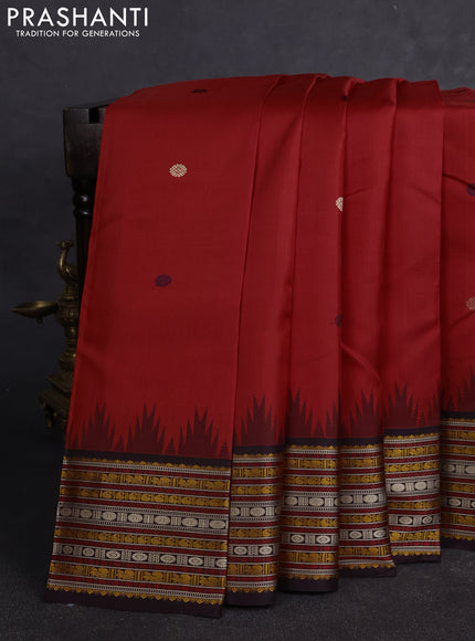 Pure kanchipuram silk saree red and deep jamun with thread woven buttas and temple design thread woven border