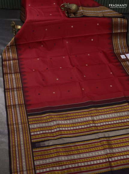 Pure kanchipuram silk saree red and deep jamun with thread woven buttas and temple design thread woven border