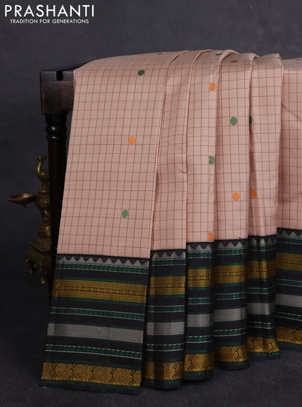 Pure kanchipuram silk saree beige and black with allover checks & buttas and thread woven border