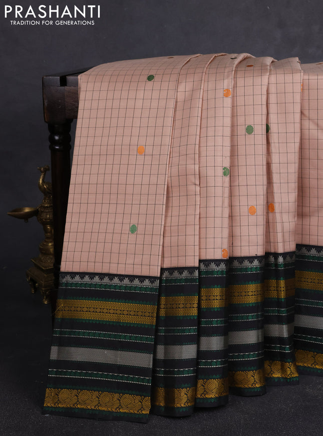 Pure kanchipuram silk saree beige and black with allover checks & buttas and thread woven border