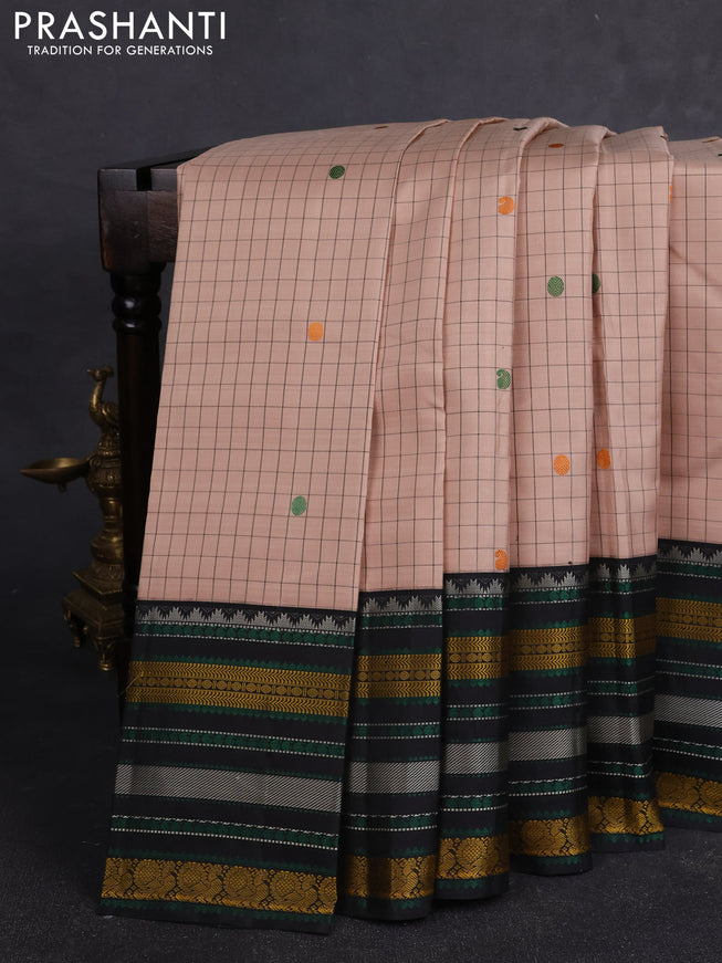Pure kanchipuram silk saree beige and black with allover checks & buttas and thread woven border