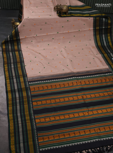 Pure kanchipuram silk saree beige and black with allover checks & buttas and thread woven border