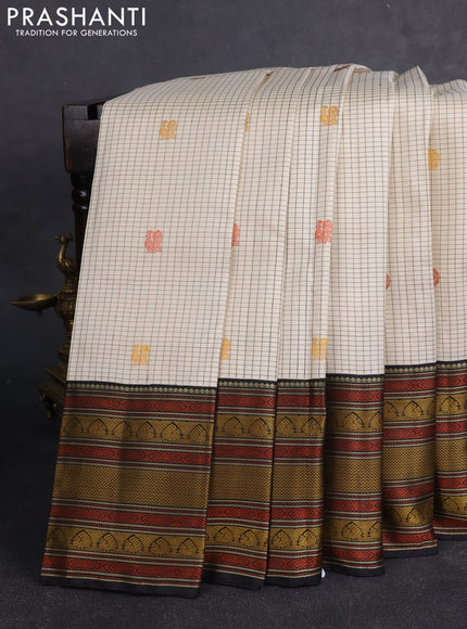 Pure kanchipuram silk saree beige and black with allover checks & buttas and thread woven border
