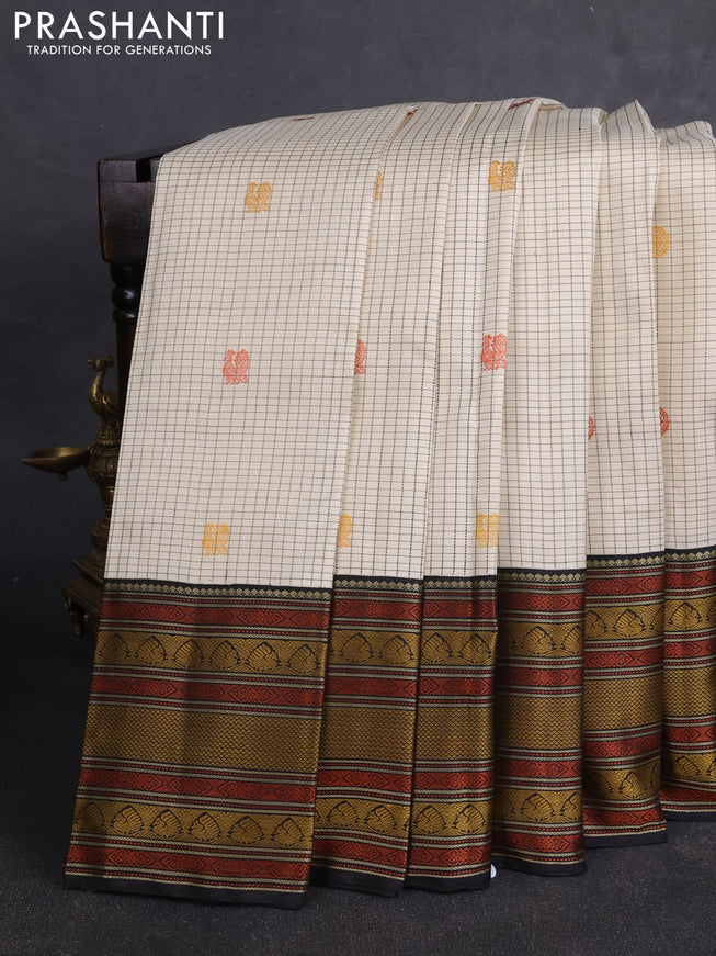 Pure kanchipuram silk saree beige and black with allover checks & buttas and thread woven border