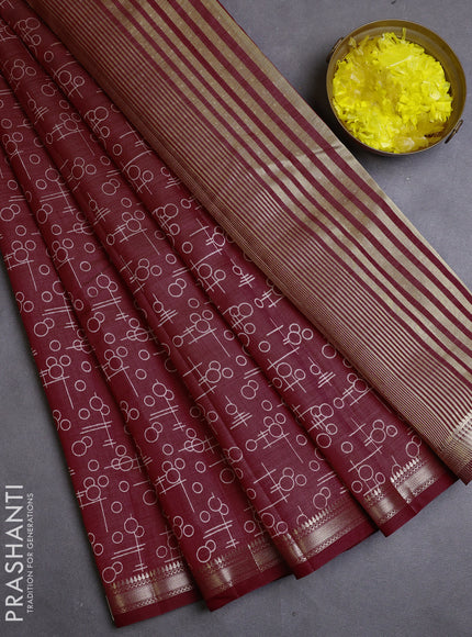 Semi raw silk saree maroon with allover geometric prints and zari woven border