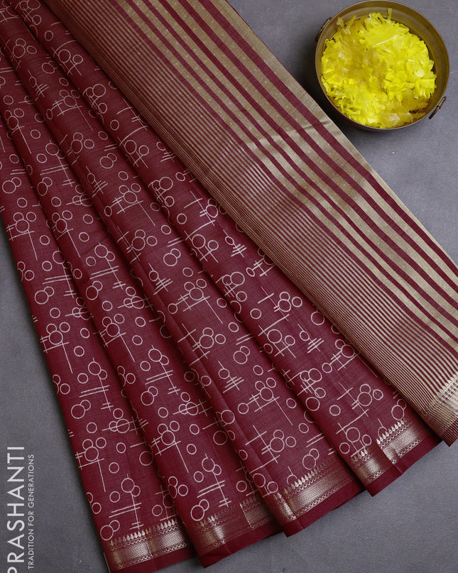 Semi raw silk saree maroon with allover geometric prints and zari woven border