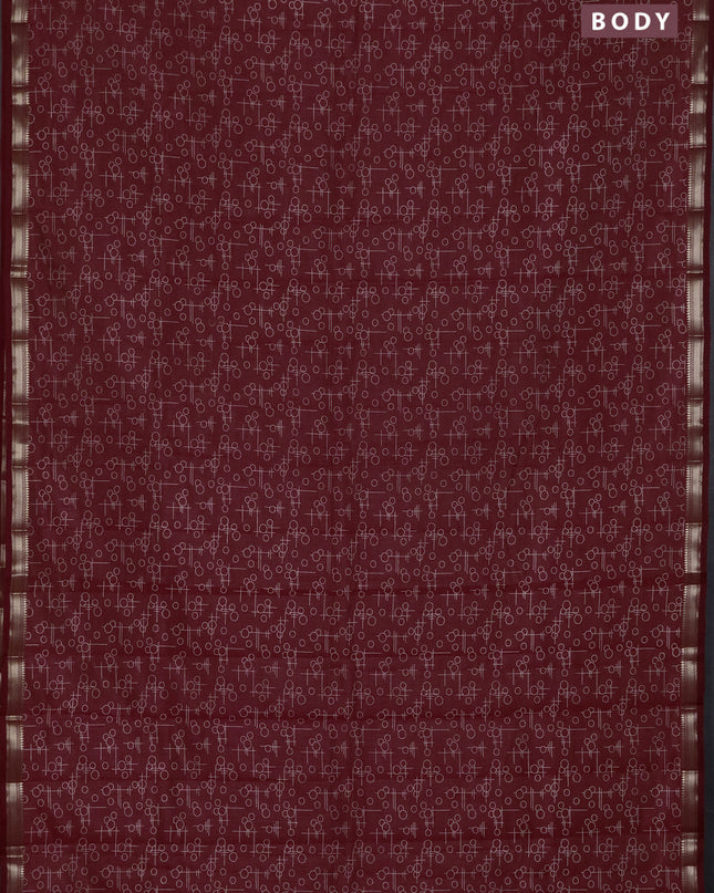 Semi raw silk saree maroon with allover geometric prints and zari woven border