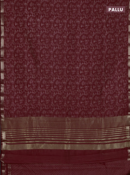 Semi raw silk saree maroon with allover geometric prints and zari woven border