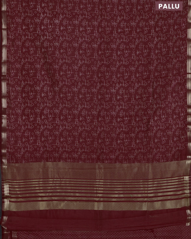 Semi raw silk saree maroon with allover geometric prints and zari woven border