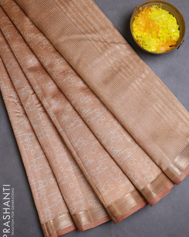 Semi raw silk saree sandal with allover geometric prints and zari woven border