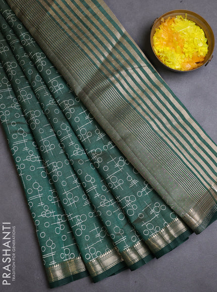 Semi raw silk saree bottle green with allover geometric prints and zari woven border