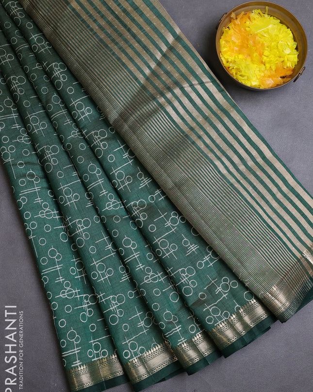 Semi raw silk saree bottle green with allover geometric prints and zari woven border