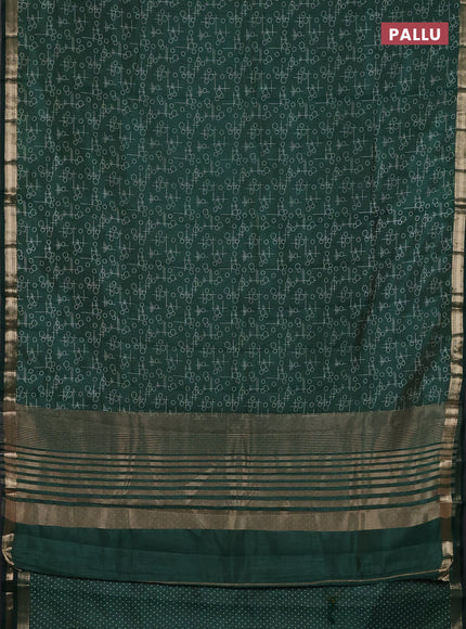 Semi raw silk saree bottle green with allover geometric prints and zari woven border