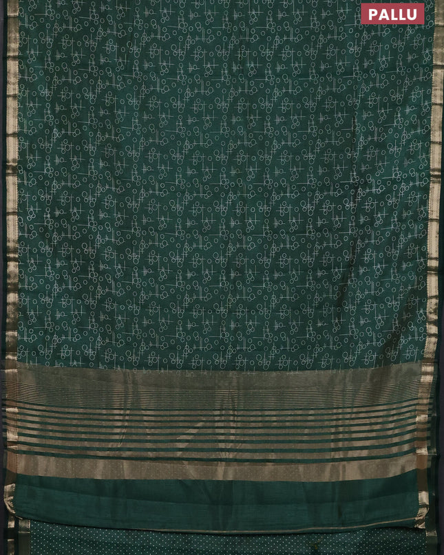 Semi raw silk saree bottle green with allover geometric prints and zari woven border
