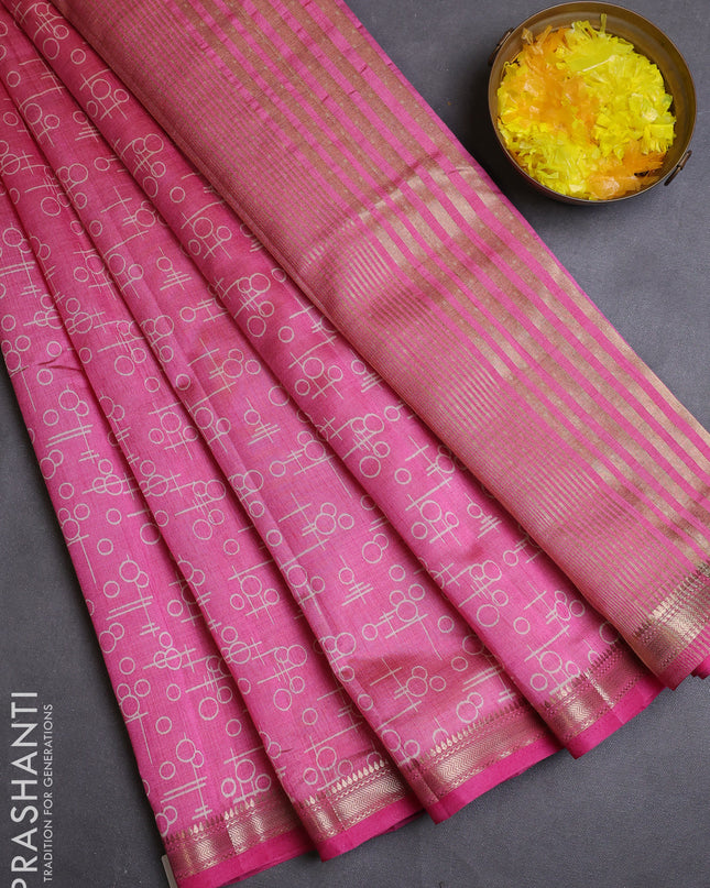 Semi raw silk saree light pink with allover geometric prints and zari woven border