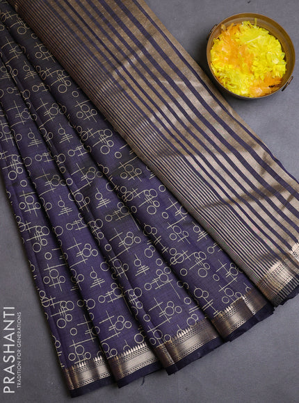 Semi raw silk saree navy blue with allover geometric prints and zari woven border