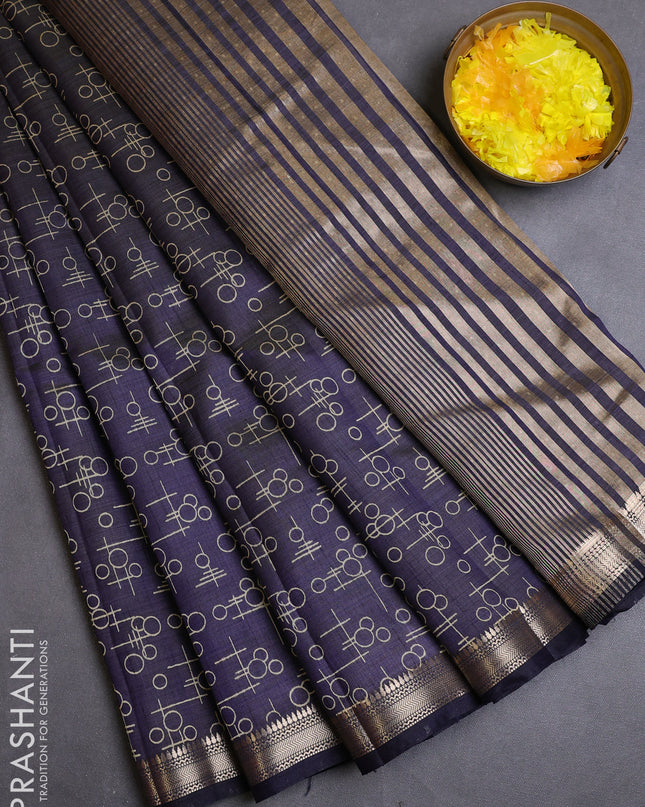 Semi raw silk saree navy blue with allover geometric prints and zari woven border