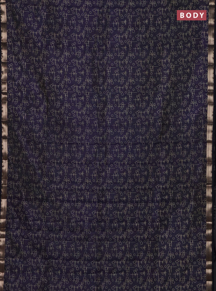 Semi raw silk saree navy blue with allover geometric prints and zari woven border