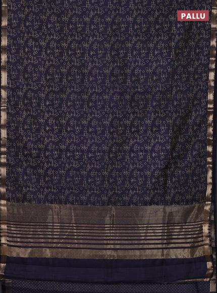 Semi raw silk saree navy blue with allover geometric prints and zari woven border