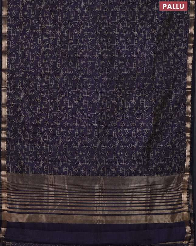 Semi raw silk saree navy blue with allover geometric prints and zari woven border