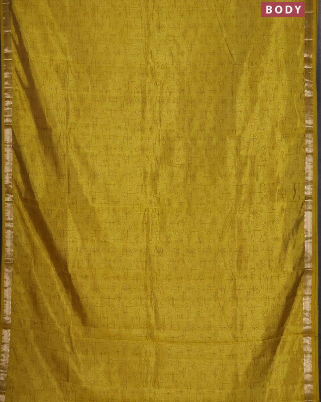 Semi raw silk saree lime yellow with allover geometric prints and zari woven border