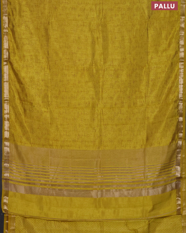 Semi raw silk saree lime yellow with allover geometric prints and zari woven border