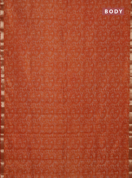 Semi raw silk saree rustic orange with allover geometric prints and zari woven border