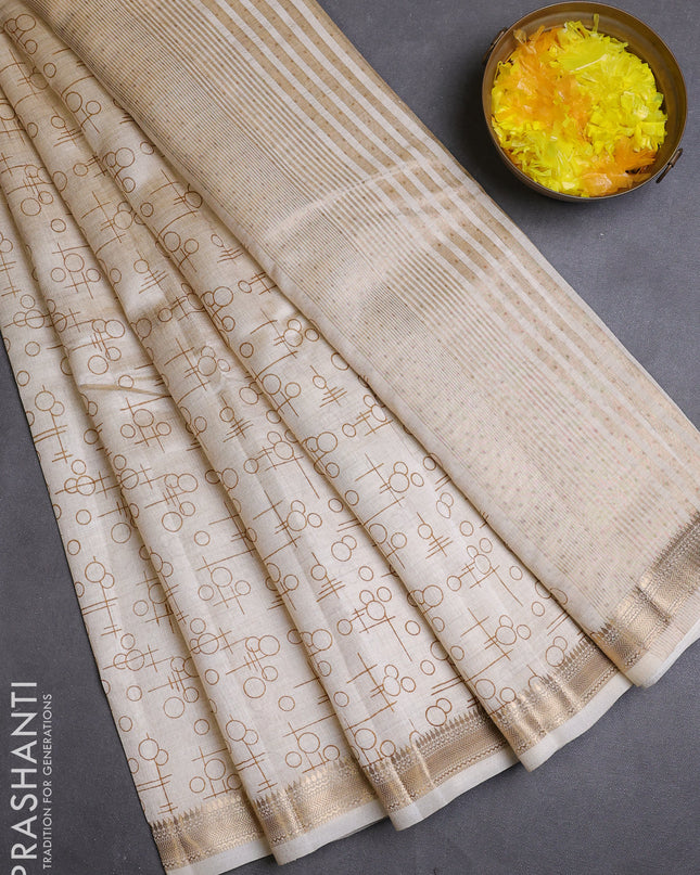 Semi raw silk saree cream with allover geometric prints and zari woven border